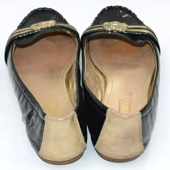 Coach Black Patent Leather Metallic Gold Logo Holiday Vtg Flats Loafers Shoes 8 - Picture 5 of 9